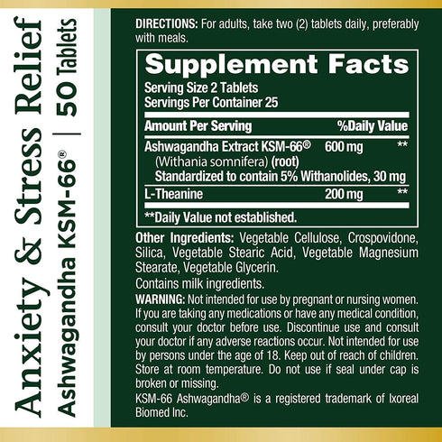 Nature's Bounty Anxiety & Stress Relief Ashwagandha Ksm-66 Tablets, 50 Count...