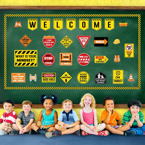 Zonon 36 Pcs Construction Bulletin Board Decorations Welcome Classroom Sign Positive Poster Banner Motivational Sign Cutouts for Pre School Elemen...
