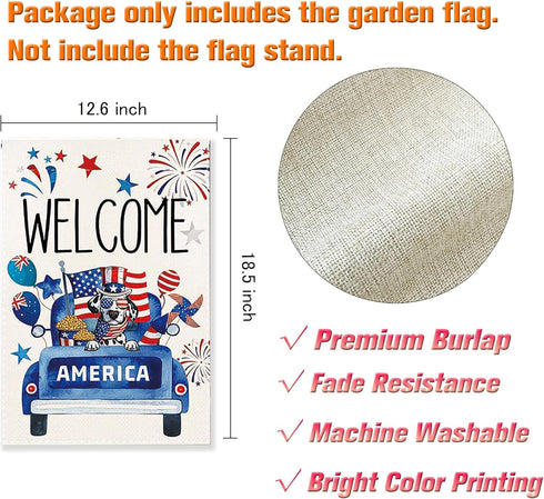 Weclome 4th of July Garden Flag Dog Patriotic Truck Flags 12 x 18 Inch Double Sided Burlap Small Fourth July Flag for Outside American Memorial Da...