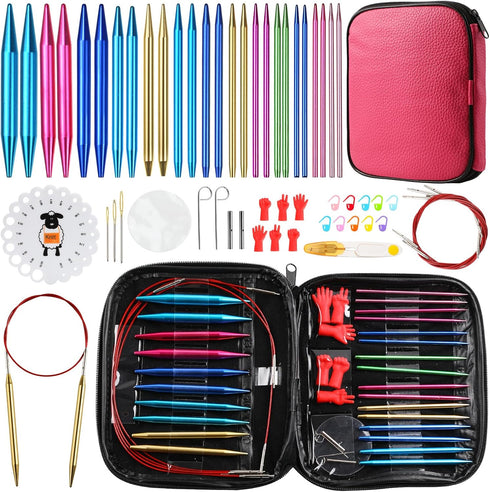 LOOEN 57pcs Aluminum Circular Knitting Needles Set with Ergonomic Handles,13 Size Interchangeable Crochet Needles with Storage Case for Small Proj...