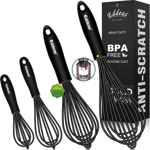 Silicone Whisk,Whisk Non Scratch Whisk for Nonstick Cookware, 5+7+9+11in Siliocne Coated Wisk Perfect for Blending,Beating,Stirring and Kitchen Co...
