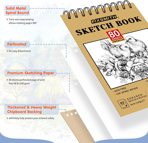 FIXSMITH 5.5"X8.5" Sketch Book | 80 Sheets (68 lb/100gsm) Sketchbook | Top Spiral Bound Artist Sketch Pad | Acid Free Drawing Pad | Ideal for Kids...