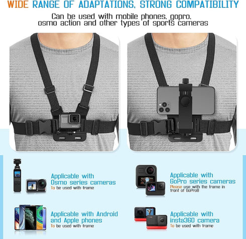 Mobile Phone Chest Mount Harness Strap Cell Phone Holder Mount for Video Recording Bike/Kayak/Fishing/Skateboard POV/VLOG for iPhone/Samsung for G...