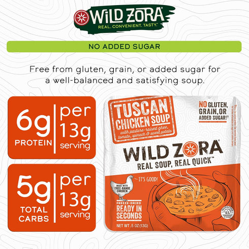 Wild Zora Instant Keto-Friendly Soups Tuscan Chicken 8-pack Broth Made with Free-Range Chicken, and Vegetables, Gluten-Free, Low Carb, No Added Su...