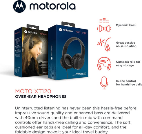 Motorola Over-Ear Headphones Wired - Moto XT120 Headphones with Microphone, in-Line Control for Calls - Foldable Head Phones, Adjustable Cushioned...