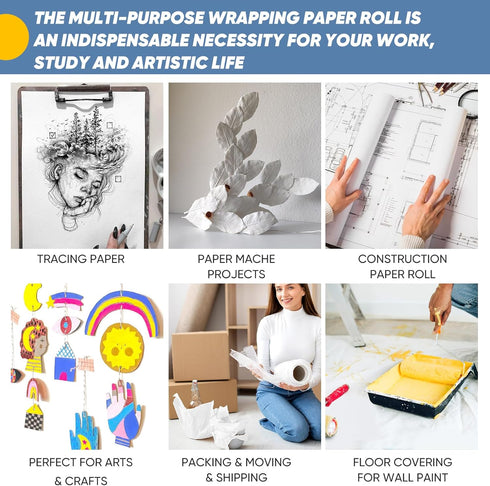 White Wrapping Paper Craft Paper Kraft Paper Roll 15" x 450", Bulletin Board Paper Roll, Arts & Crafts, Gift Wrapping Moving Packing Painting Draw...