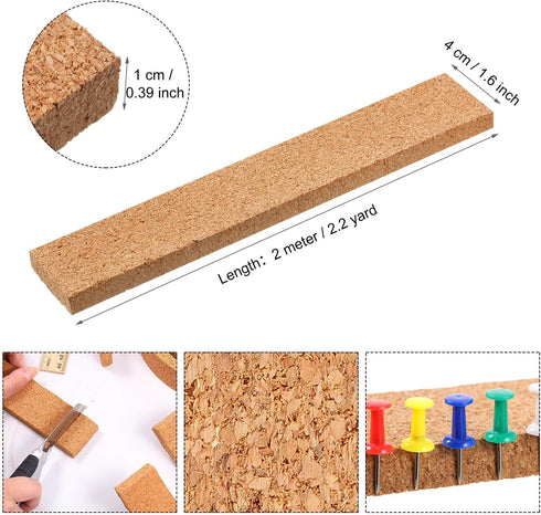Uanchu Cork Strips Bulletin Bar Strips Pin Board Bar Strips Frameless Notice Board Strip with 1 Roll Double Side Tape 100 Push Pins for Office Bac...