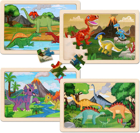 Wooden Puzzles Dinosaur Toys for Kids Ages 3-5, Set of 4 Packs with 20-Piece Wood Jigsaw Puzzles, Preschool Educational Brain Teaser Boards for Bo...