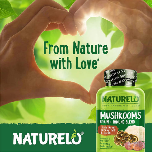 NATURELO Mushroom Supplement – Brain & Immune Health Blend with Lion’s Mane, Reishi, Turkey Tail – 90 Vegan Friendly Capsules...