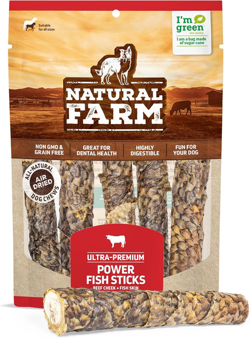 Natural Farm Power Fish Sticks Dog Chews (6”, 5-Pack), 2-in-1 Power Chews: Premium Beef Cheek Wrapped in Crunchy Tilapia Skin, Rich in Omega 3s, L...