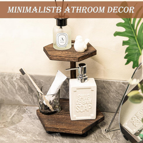 Tikea Hexagonal Wood Riser for Display, 2-Tier Rustic Wood Pedestal Stand for Kitchen Bathroom Counter Decor, Decorative Tray for Soap Dispenser, ...