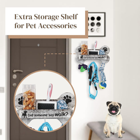 J JACKCUBE DESIGN Rustic White Bone Shape Wall Mounted Dog Leash Holder with 3 Key Holder Hooks and Extra Storage Compartment Box Shelf for Pet Tr...