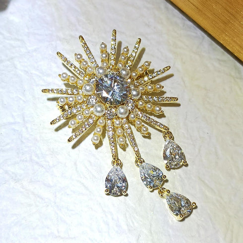 Fantastic Gold Tone Atomic CZ and Pearl Beads Starburst Brooch with Trio Drop...