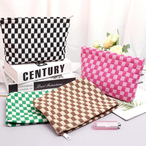 4pcs Lager Checkered Makeup Bag Cosmetic Bag for Women, Y2k Accessories Aesthetic Plaid Makeup Bag for Women, Large Capacity Pencil Case Makeup Br...
