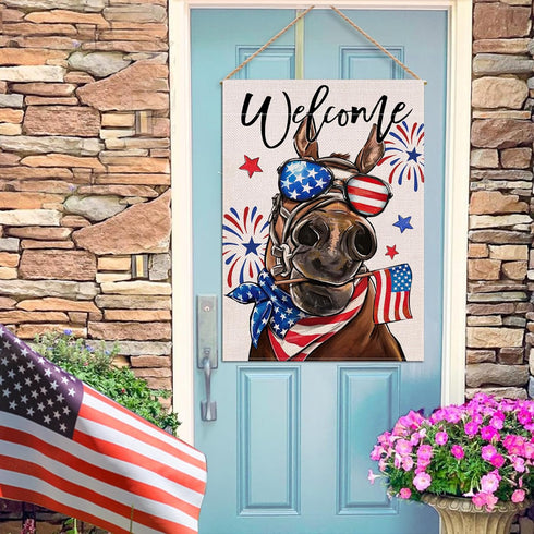 Welcome 4th of July Donkey Patriotic Decorative Flag, America Stars Stripes Firework Garden Yard Outside Decorations, American USA Outdoor Large H...
