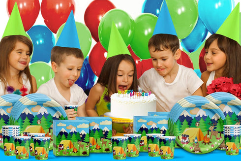 Camping Adventure Birthday Party Supplies Set Plates Napkins Cups Tableware Kit for 16...
