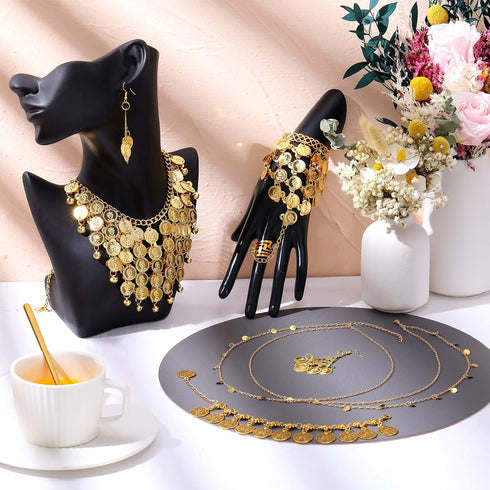 Belly Dance Jewelry Set Women Belly Dance Gold Sequins Head Chain Coins Necklace Earrings Bracelets Bohemian Tassel Anklet Chain Hand Ring Bracele...