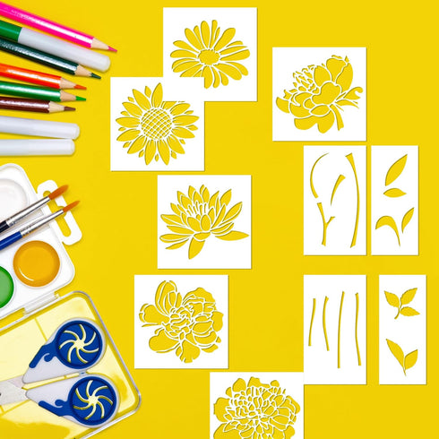 Large Flower Stencils, 10 Pcs Reusable Flower Stencils for Painting on Wood, Sunflower Peony Flower Stencils for Painting on Wood Garden Fence Wal...