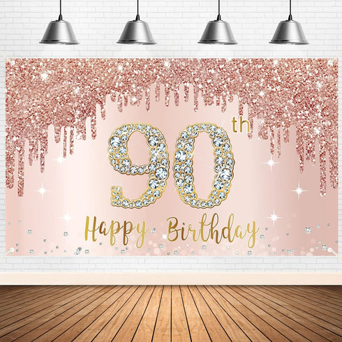 Happy 90th Birthday Banner Backdrop Decorations for Women, Rose Gold 90 Birthday Party Sign Supplies, Pink 90 Year Old Birthday Poster Background ...