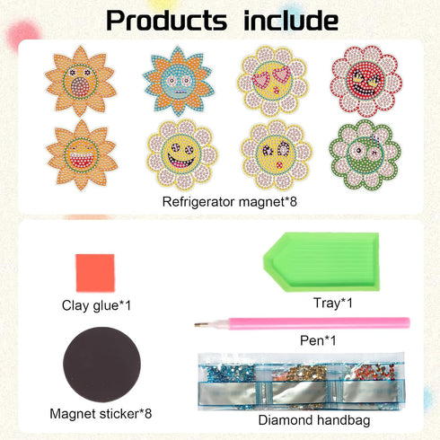 Tontut 8 Pcs Diamond Painting Magnet Fridge Stickers, Diamond Art Kits Floral Smiley Face Fridge Stickers, Diamond Art Crafts for Adult Beginners,...
