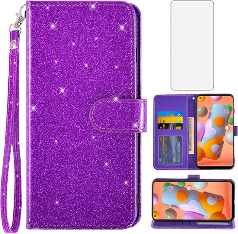 Asuwish Phone Case for Samsung Galaxy A11/M11 with Tempered Glass Screen Protector and Glitter Wallet Cover Cell Accessories Card Holder Slot Stan...