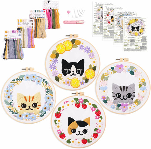 Harimau 4pcs Beginner Embroidery Kit,Cute cat Pattern,Cross Stitch Kits, Including Stamped Embroidery Cloth with 2 Embroidery Hoops, Multicolor Co...