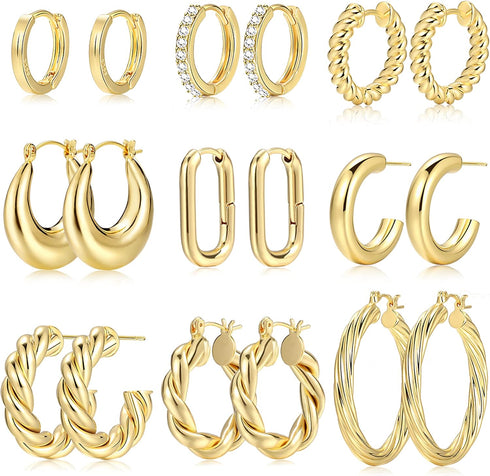 9 Pairs Gold Hoop Earrings for Women, 14K Gold Plated Lightweight Chunky Twisted Hoop Earrings Set for Gift...