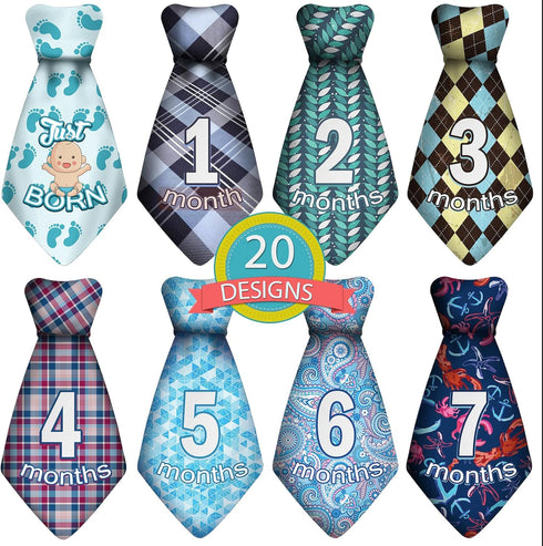 Baby Monthly and Holiday Milestone Sticker Ties by TurtleSurfers, A Stylish Baby Month Stickers Set for Baby Boys | 20 Different Designs Including...