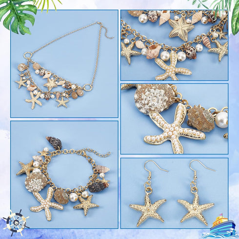PH PandaHall 3 in 1 Mermaid Jewelry Set Sea Shell Starfish Jewelry Pearl Bib Statement Chunky Mermaid Tail Necklace Bracelets Shell Earrings Summe...