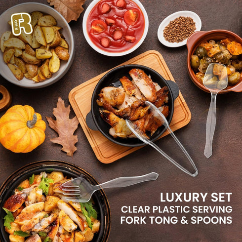 18 Pcs Clear Plastic Serving Utensils - 6 Clear Plastic Serving Spoons - 6 Clear Plastic Tongs For Serving - 6 Plastic Serving Forks - Heavy Duty ...
