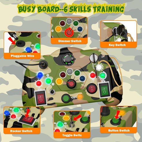 Montessori Busy Board with Led Light Switch, Sensory Montessori Travel Board for Toddlers 1-3, Camouflage Theme Toddler Educational Activities Toy...