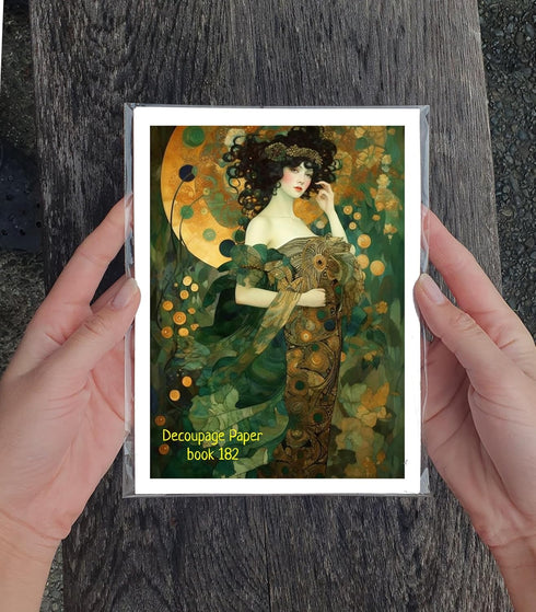 Decoupage Paper Pack (35 Sheets 6"x8") Art Deco Inspired Ladies in Green and Blue Floral Gowns Holding Bouqettes FLONZ Art Nouveau Klimt Vintage I...