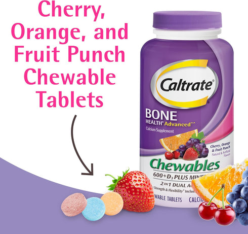 Caltrate Chewables 600 +D3 Plus Minerals Calcium and Vitamin D, Sugar Free, Cherry, Orange and Fruit Punch, 90 Count...