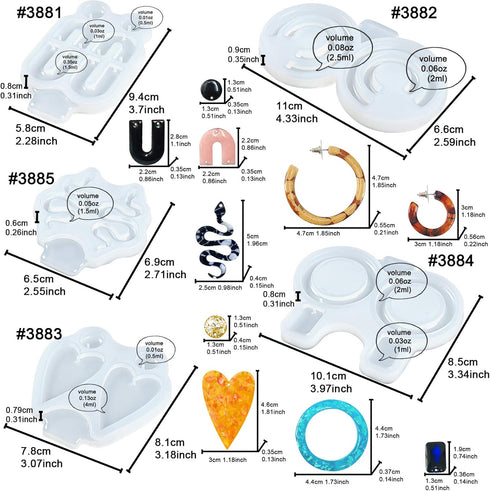 FUNSHOWCASE Snake Earring Epoxy Resin Silicone Molds Heart Oval Ring C Shaped, Stud Dangle Jewelry Casting Supplies 5-Bundle 0.5-2inch...