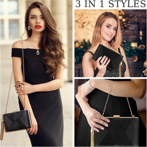 Quelay 4 Pcs Women Satin Clutch Purse Handbag Evening Bag for Wedding Banquet Handbag Vintage Necklace Earrings Jewelry Set...