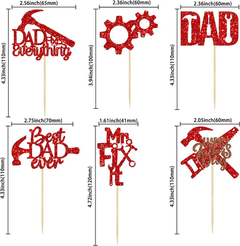 24 Pack Happy Father's Day Cupcake Toppers Tool Construction Red Glitter Best Dad Ever Dad Fix Everything Cupcake Picks for Happy Father's Day The...