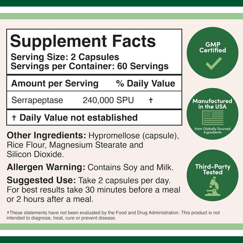 Serrapeptase 240,000 SPU Max Potency (120 Veggie Capsules) Proteolytic Enzyme for Sinus, Respiratory and Joint Health (Non-GMO, Gluten Free, Veget...