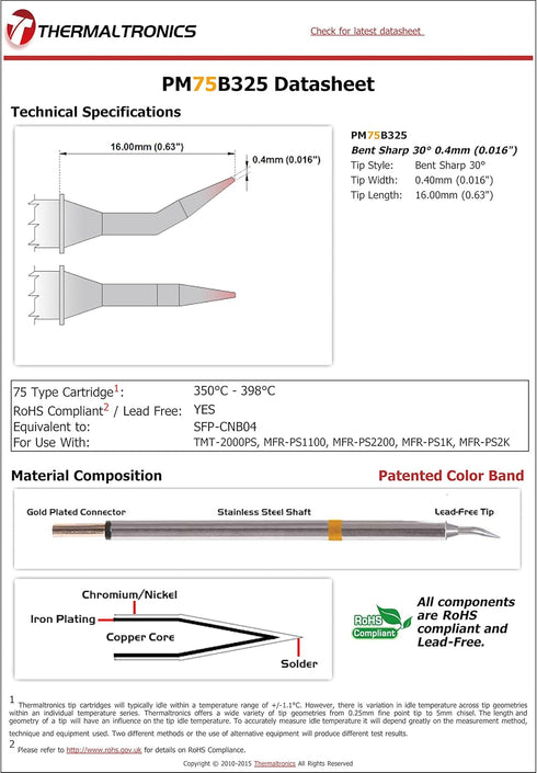 Thermaltronics PM75B325 Bent Sharp 30deg 0.4mm (0.016in) interchangeable for Metcal SFP-CNB04...
