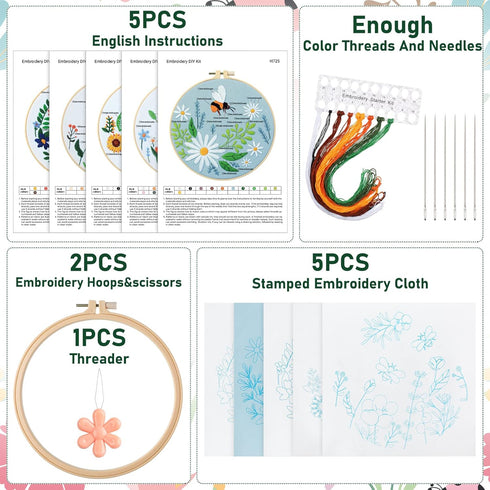 Yinder Embroidery Starter Kit for Beginners 5 Set Cross Stitch Kits for Adults with Floral and Bee Pattern Include 2 Embroidery Hoops, 5 Embroider...