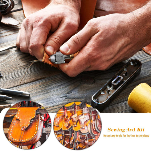 WILLBOND 12 Pcs Sewing Awl Kit Portable Leather Including Handheld Sewing Repair Awl Straight and Bent Needles and 8 Rolls Waxed Threads with Smal...