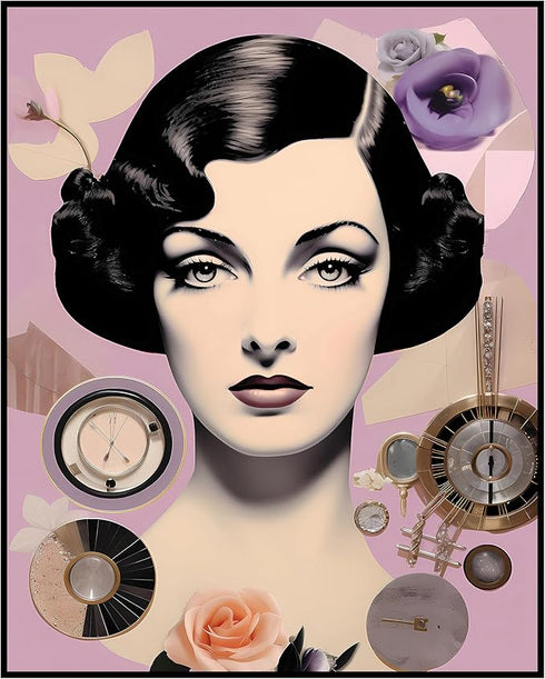 Posterizer 1 pcs-vintage girly purple collage with watches and flowers-Retro Art-Abstract & Modern Art-Gift for Art Lovers-Gifts for Women- UNFRAM...