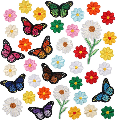 39PCS Flowers Embroidered Iron on Patches Butterfly Daisy Applique Decoration Sewing Patches for Cloting Bags Caps Jackets Hat Jean...