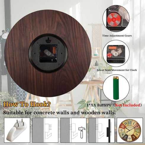 12 Inch Rustic Wall Clock Retro Silent Non Ticking Easy to Read Clock, Battery Operated Decorative Wall Clocks for Kitchen/Living Room/Bedroom/Far...