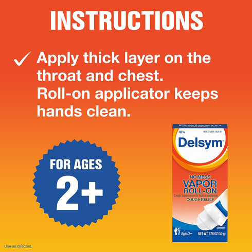 Delsym No Mess Vapor Roll-On Cough Suppressant & Topical Analgesic 1.76 oz with Camphor, Eucalyptus Oil, Menthol, Adults & Kids, Maximum Strength...