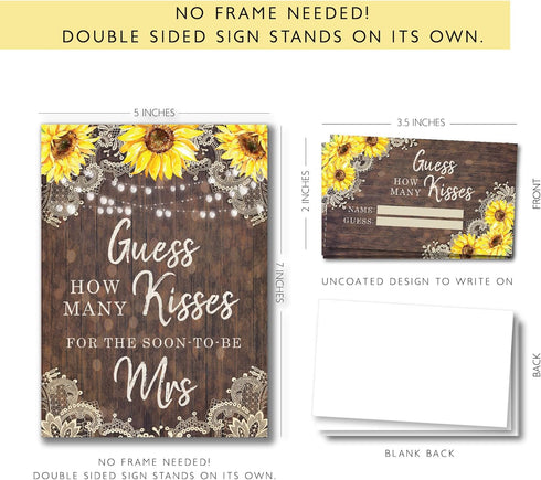 Your Main Event Prints Sunflower Guess How Many Kisses Game Sign and Cards - Perfect for Bridal Showers and Weddings - 1 Self-Standing Sign and 50...