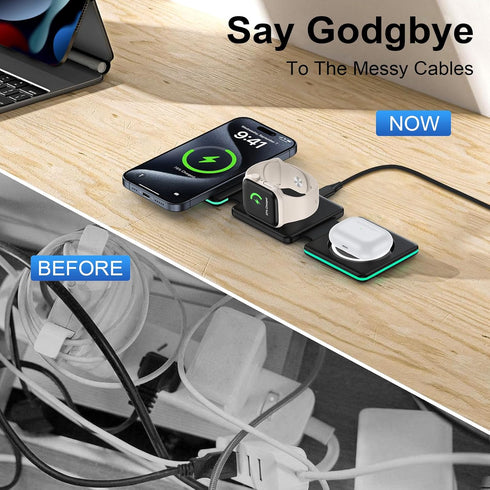 3 in 1 Wireless Charging Station with 20W USB C Power Adapter for iPhone 15/14/13 Series,Magnetic Mag-Safe Foldable Travel Charger Stand Pad for M...