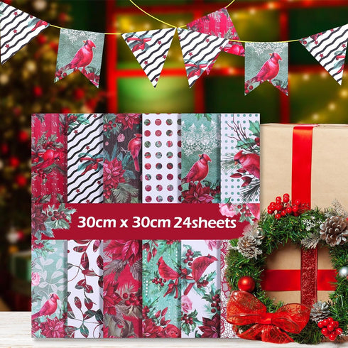 Double-Sided Christmas Scrapbook Paper, 12 Inch Poinsettia Berry Holly Pattern Paper Pad 24 Sheets Red Floral Decorative Craft Paper for Card Maki...