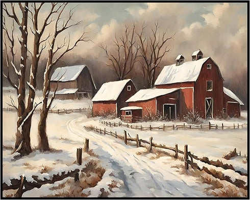 Posterizer 1 pcs-old farm house in snowy winter nature-in oil painting style-2-Landscape & Nature Art-Living Room Bedroom Decor- unframed wall art...
