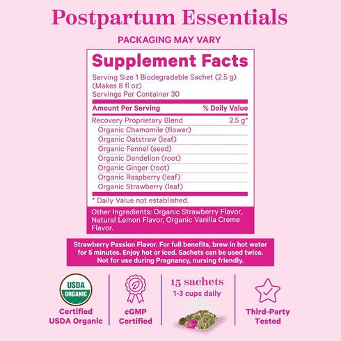 Pink Stork Postpartum Recovery Herbal Tea, Organic Red Raspberry Leaf with Chamomile, Hormone Balance for Women After Labor and Delivery, Strawber...
