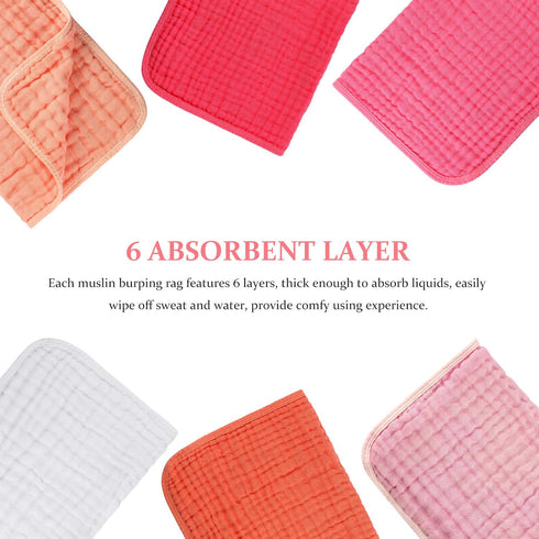 Hicarer 6 Count Muslin Burp Cloths Cotton Baby Burping Rags Large 20 x 10 Inch 6 Layers Spit up Rags Soft Absorbent Multicolor Wash Cloths Diapers...